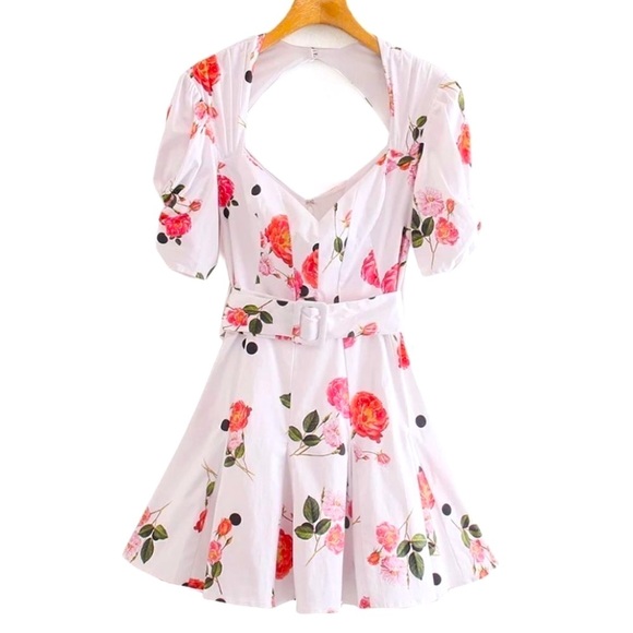 NEW! Floral & Polka Dot Belted Cut Out Back Mini Dress - Picture 6 of 12